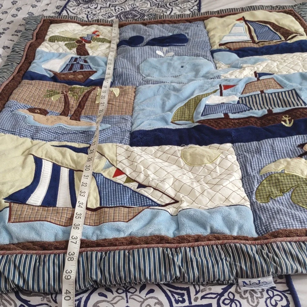 Nojo Patchwork Tropical Sailboat Ocean Island Scenic Blue Baby Vintage Blanket